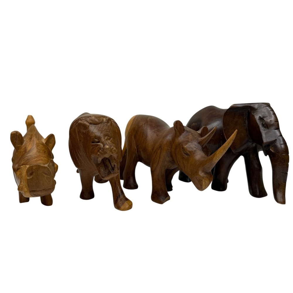 Hand Carved Wooden African Safari Animals Set of 4 Elephant Lion Rhino
